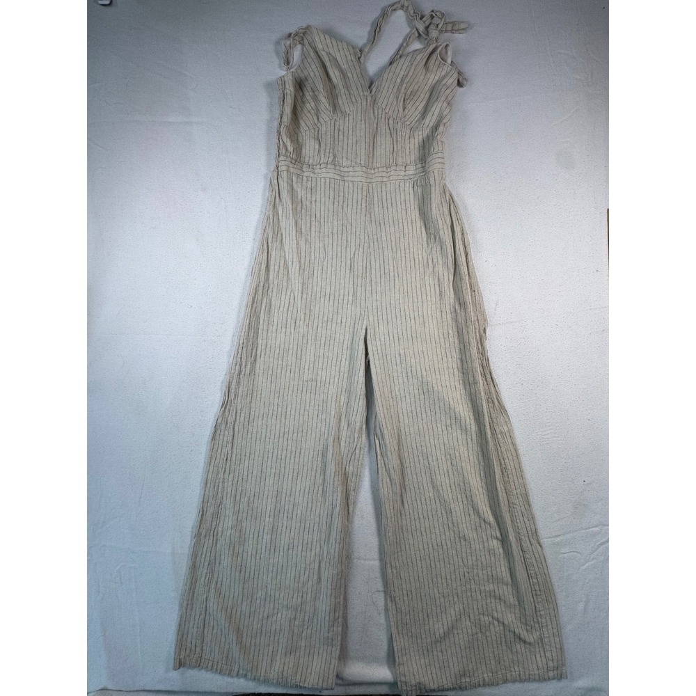 Japna Jumpsuit Womens Large Tan Pinstripe Linen Blend Wide Leg Halter